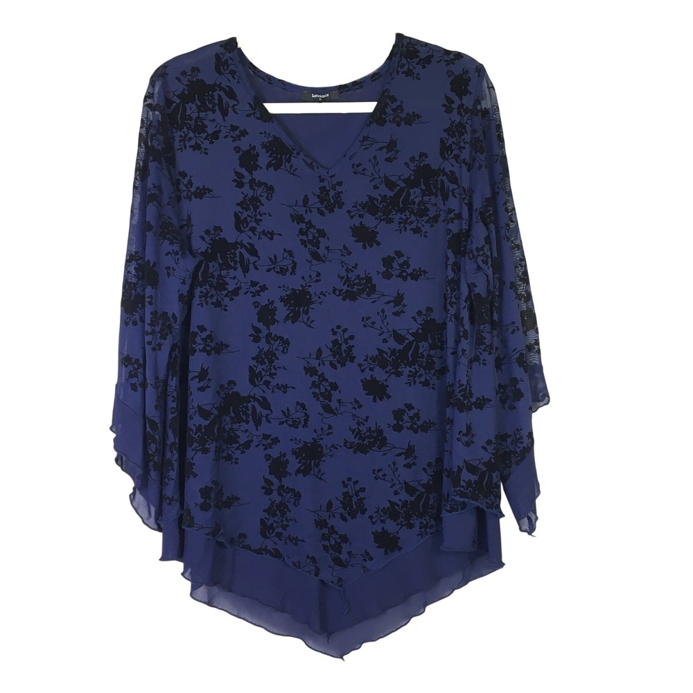 Lotusmile Floral Burnout Velvet Mesh‎ Bell Sleeve Top XL Navy Blue